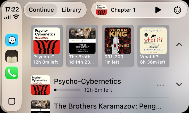 Novelwave's Continue screen in CarPlay, with cover cards and the time left on each audiobook