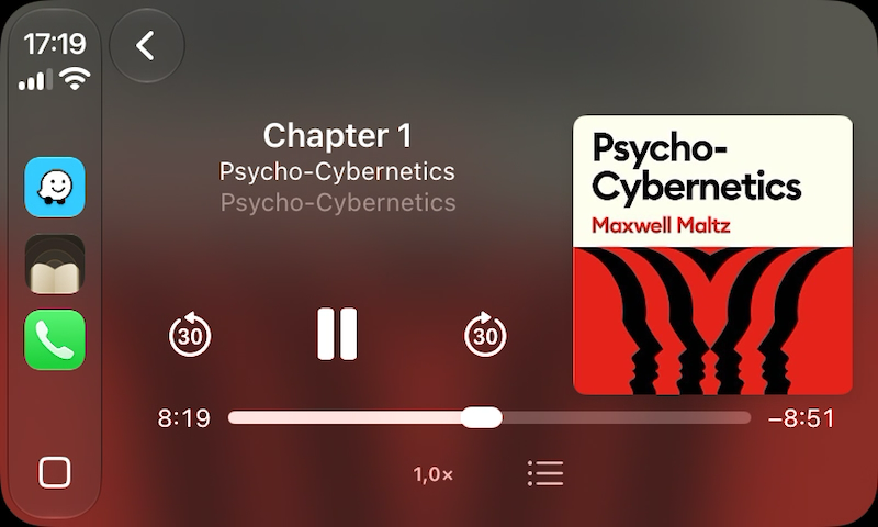 Now Playing in CarPlay, with skip, speed and chapters buttons beside the cover