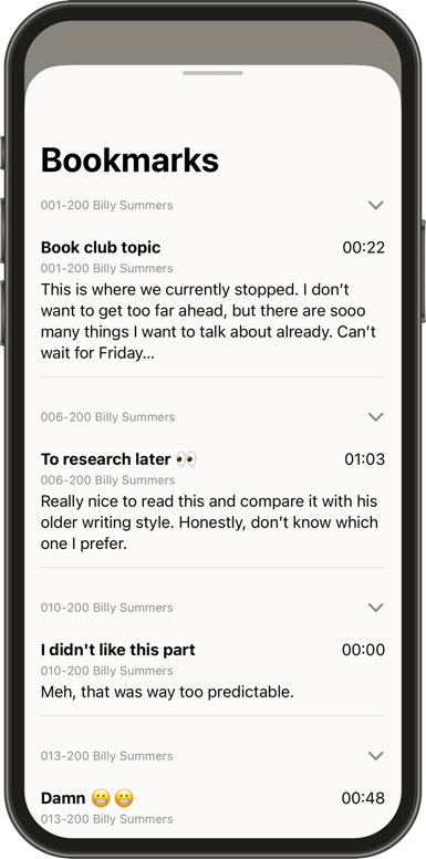 The bookmarks list, with each bookmark's note grouped under its file