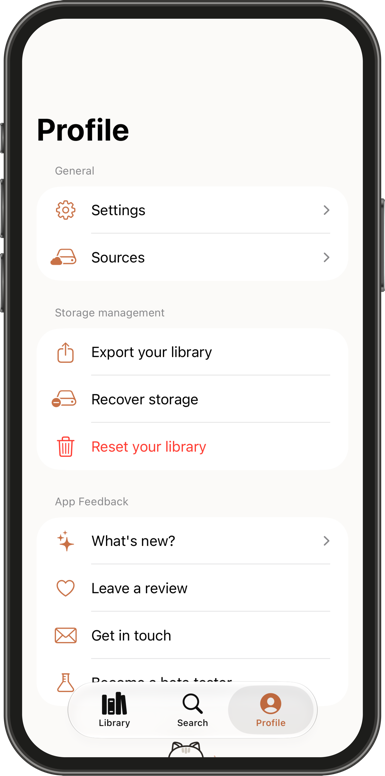The Profile tab, with Settings, Sources, storage tools and feedback options