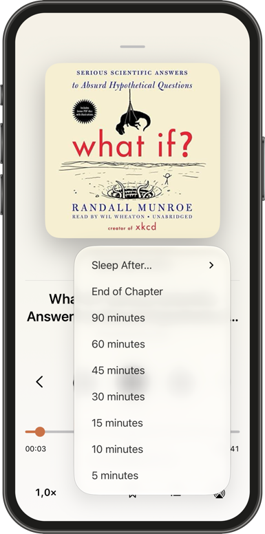 The sleep timer menu over the Player, from End of Chapter down to 5 minutes
