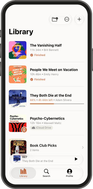 The Novelwave library listing audiobooks with their listening progress